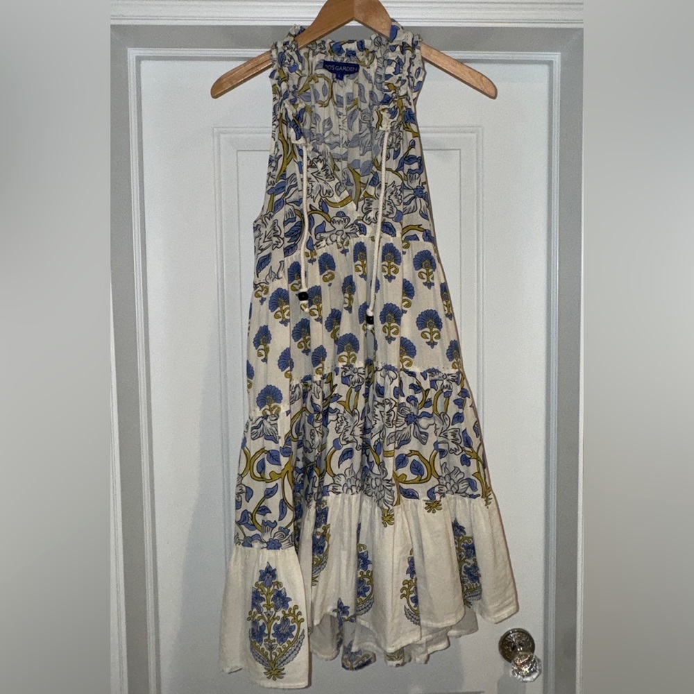 Ro’s Garden Sofia Mini Dress $235 LARGE Blue, White and Bronze Floral